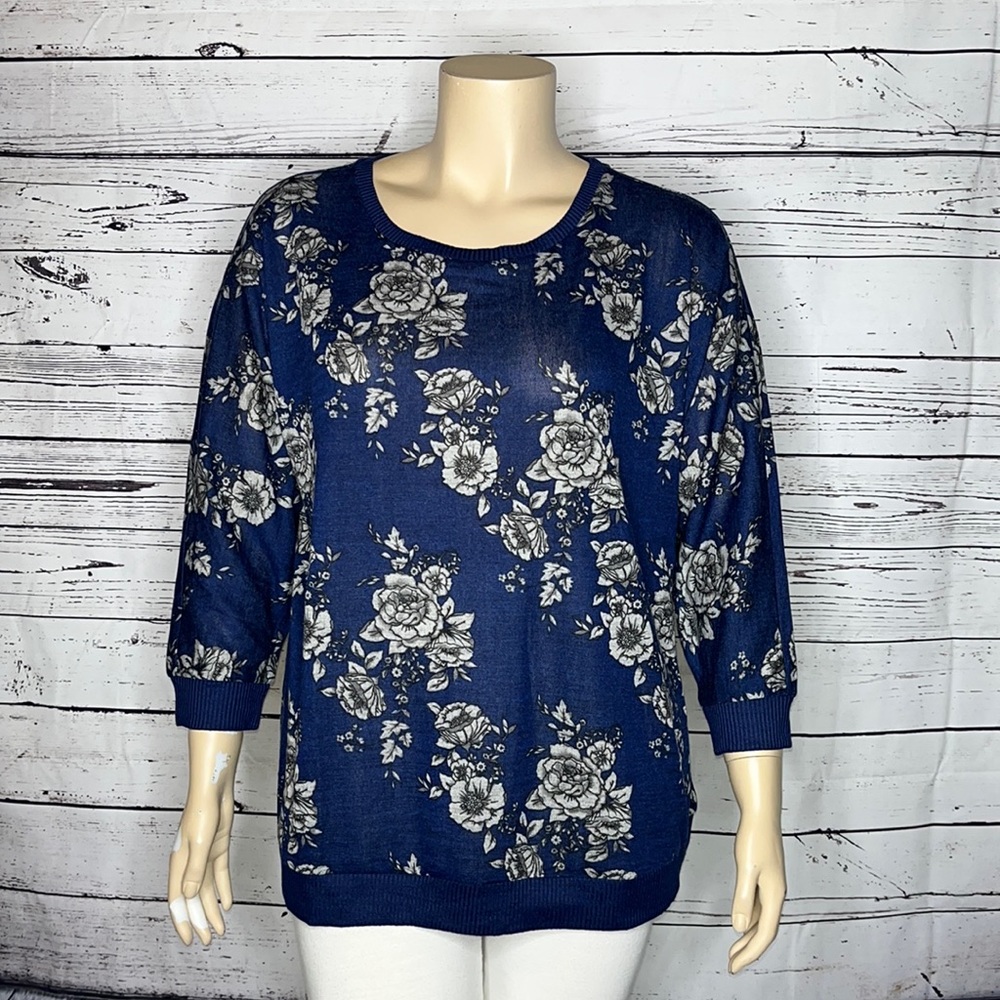 Lane Bryant Navy Floral Scoop-Neck Pullover